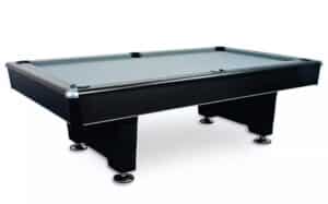 Black billiards/pool table with gray felt and corner pockets on a white background